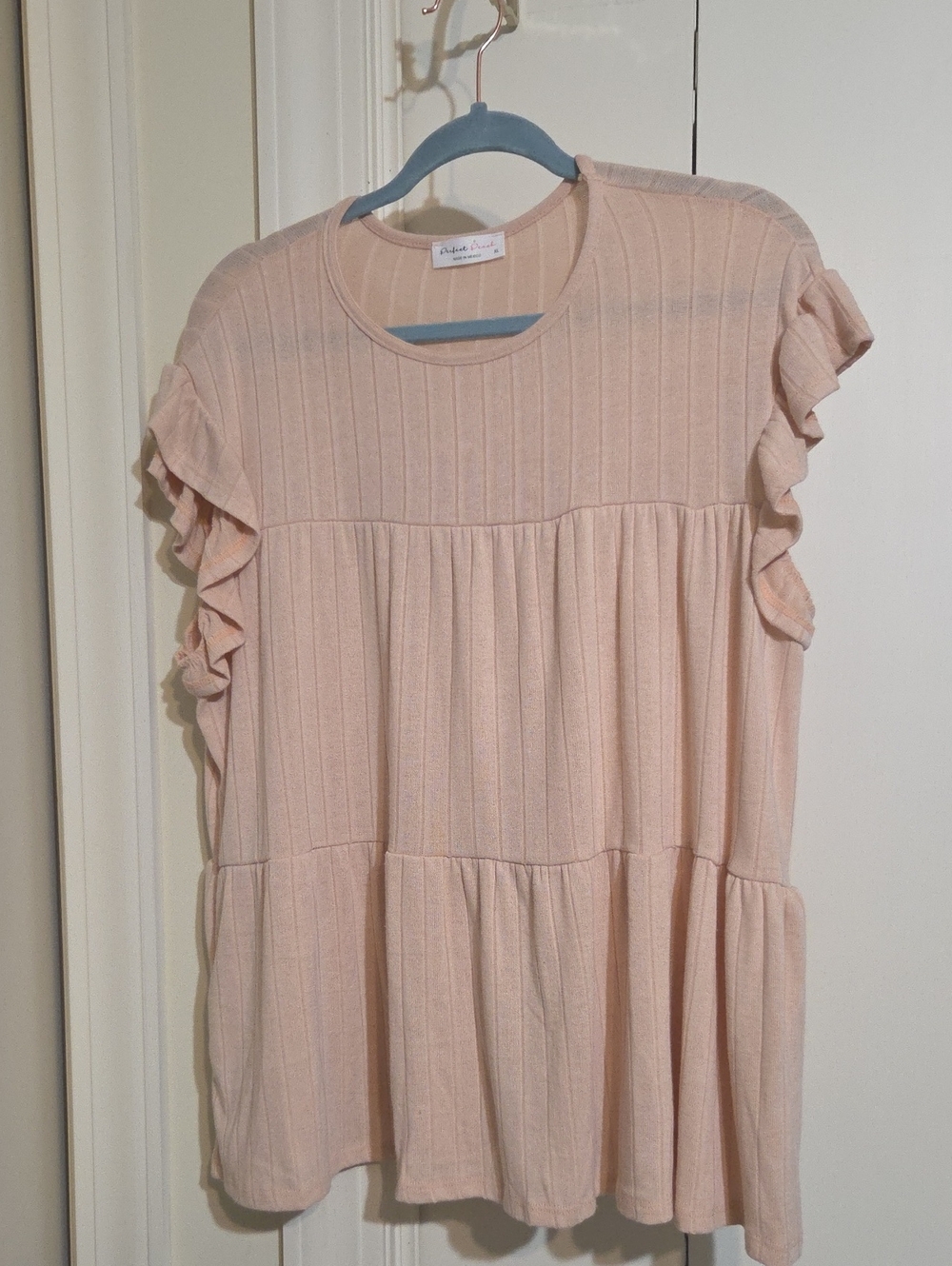 Super Soft Ribbed Peach Short Sleeve Tee with Ruffle Sleeves